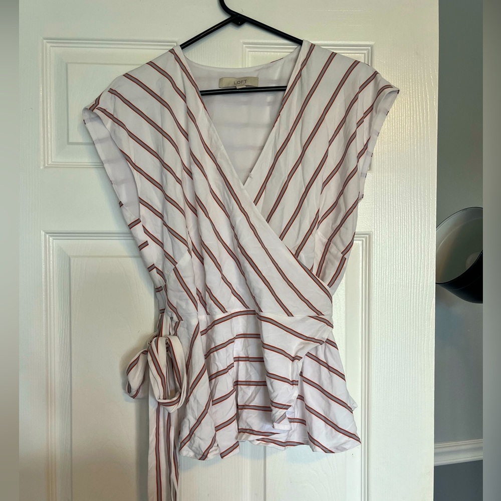 LOFT White and Cream Wrap Peplum Blouse